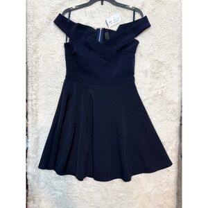 Windsor Skater Dress Womens M Navy Off Shoulder Crisscross Bodice NWT